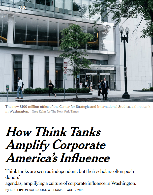 NYT: How Think Tanks Amplicy Corporate America's Influence