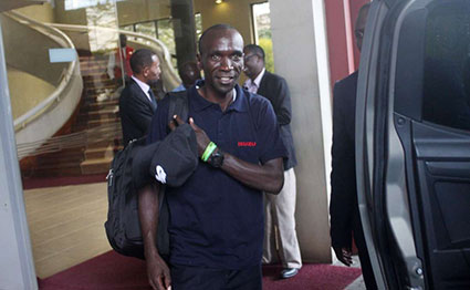 World Marathon Record Holder Eliud Kipchoge leaves the Ole Sereni Hotel on May 8, 2019 after a Breakfast held in his honour by Isuzu. PHOTO | CHRIS OMOLLO |