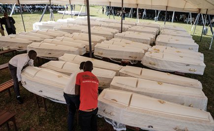 Men prepare 81 coffins containing newly