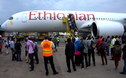 Largest. Passengers disembark from an Ethiopian