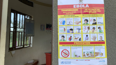 An Ebola-prevention information sign at the Ndaiga Health Centre II near the shores of Lake Albert and the Congo-Uganda border.
